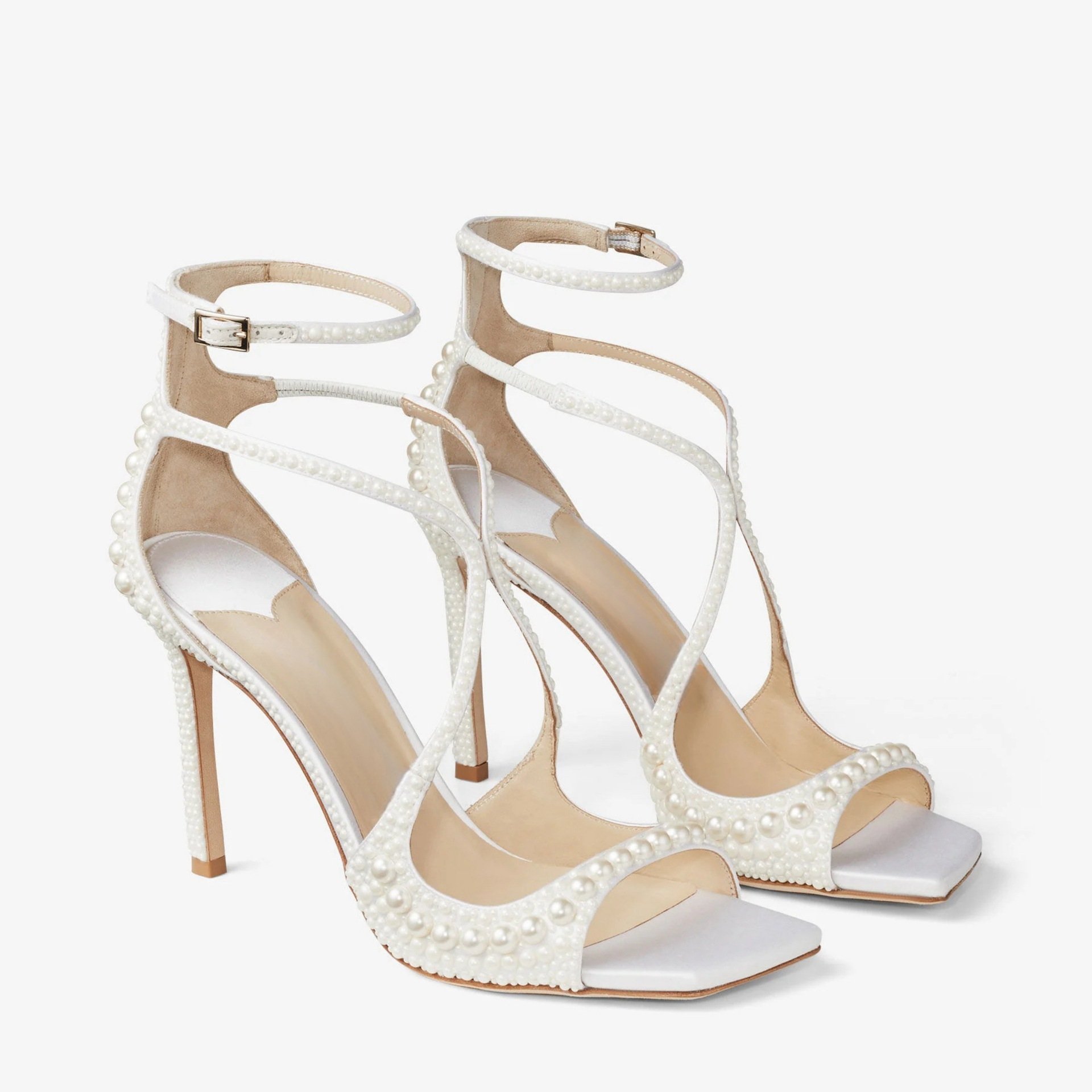 Sandales de mariage de perles blanches Femmes Square Toe Sangle High Heels 2024 Été nouveau dans le concepteur de luxe Big Size 35-45