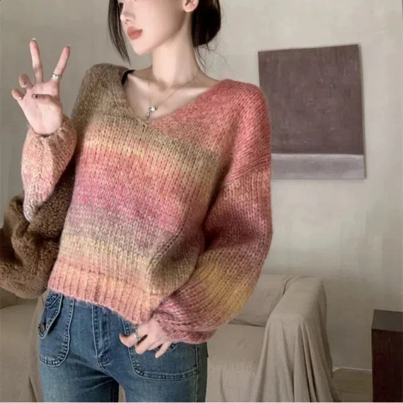 Korean Fashion Autumn/Winter Sweater Pulling Flower Womens O-neck Printed Patch Work Trend Edition Long Sleeve Knitted Top 240912