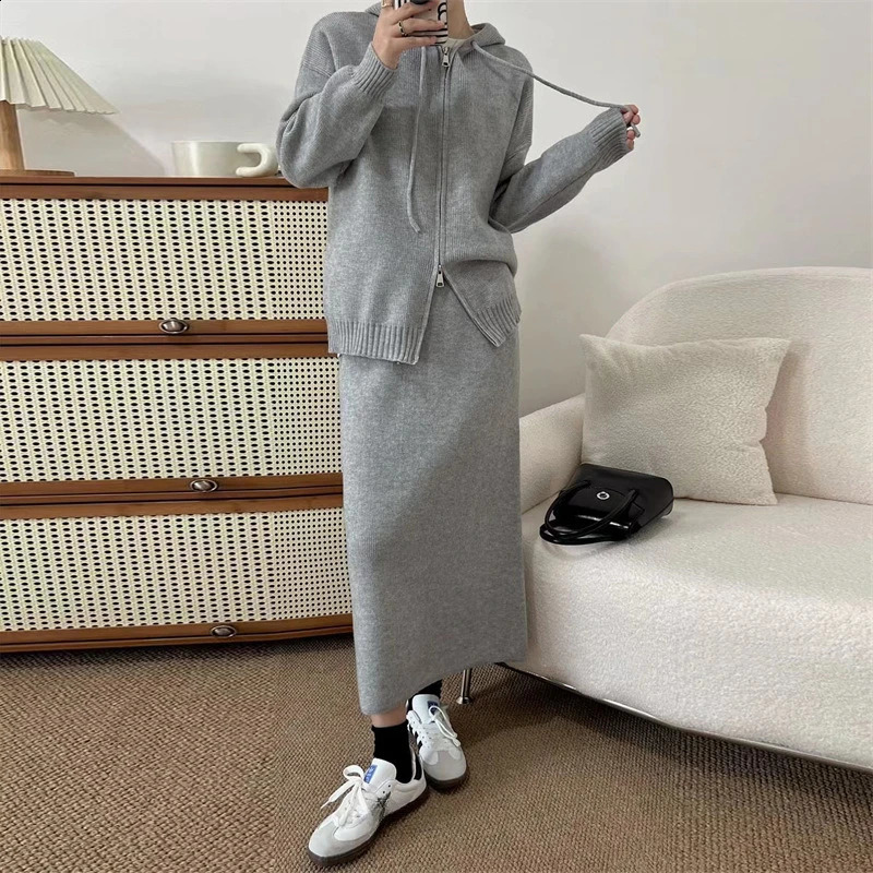 Korean Lazy Style Womens Knitted Sweater Casual Set Autumn Winter Hooded Zipper cardigan Top Knitted Long Skirt Two Piece Set 240907