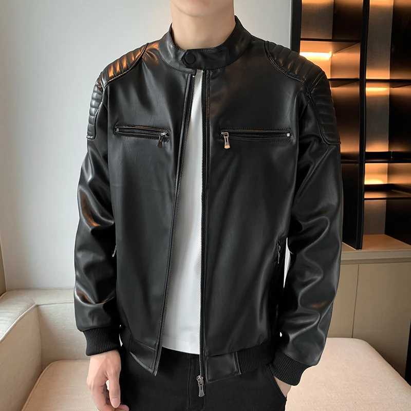 Autumn new vertical collar leather jacket mens fashion cool trend solid color leather jacket youth large-sized motorcycle jacket W240912