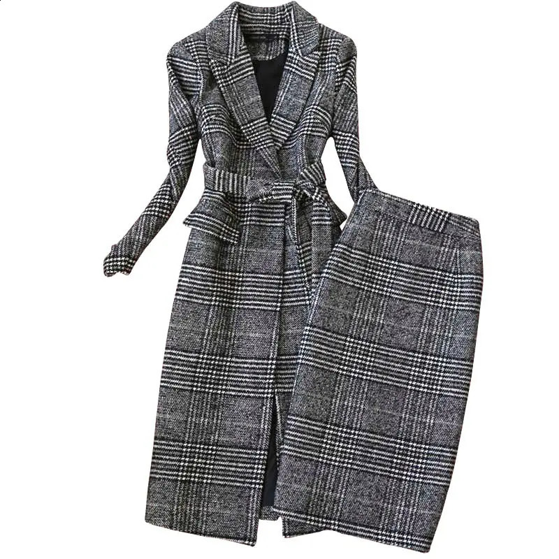Plaid Suit Womens Autumn/Winter Wool Jacket and Ski Set Temperature Coarse Felt Trench Two Piece Set Womens F1834 240907