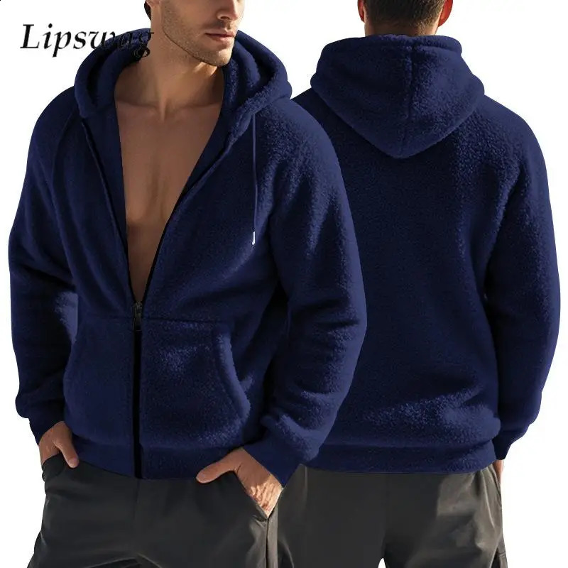 Fashionable Zip-up Fleece Hoodie Mens Jacket Autumn Winter Casual Solid Color Hooded Jackets For Men Streetwear Hoodie Coat 240910