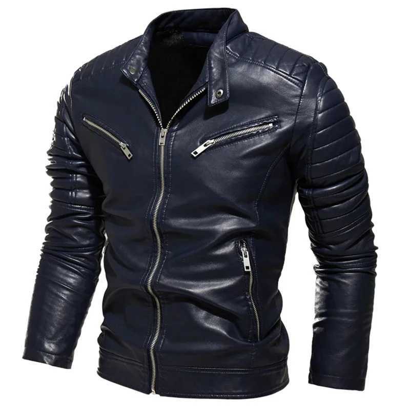 Winter black PU leather jacket mens wool warm motorcycle jacket ultra-thin street fashion black bicycle jacket pleated design zipper W240912