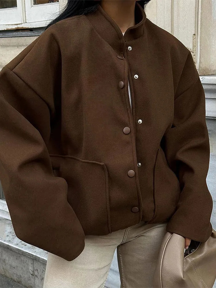 Womens Retro Brown Single Chest Pocket Bomber Jacket Loose Stand Collar Cut Autumn 240902