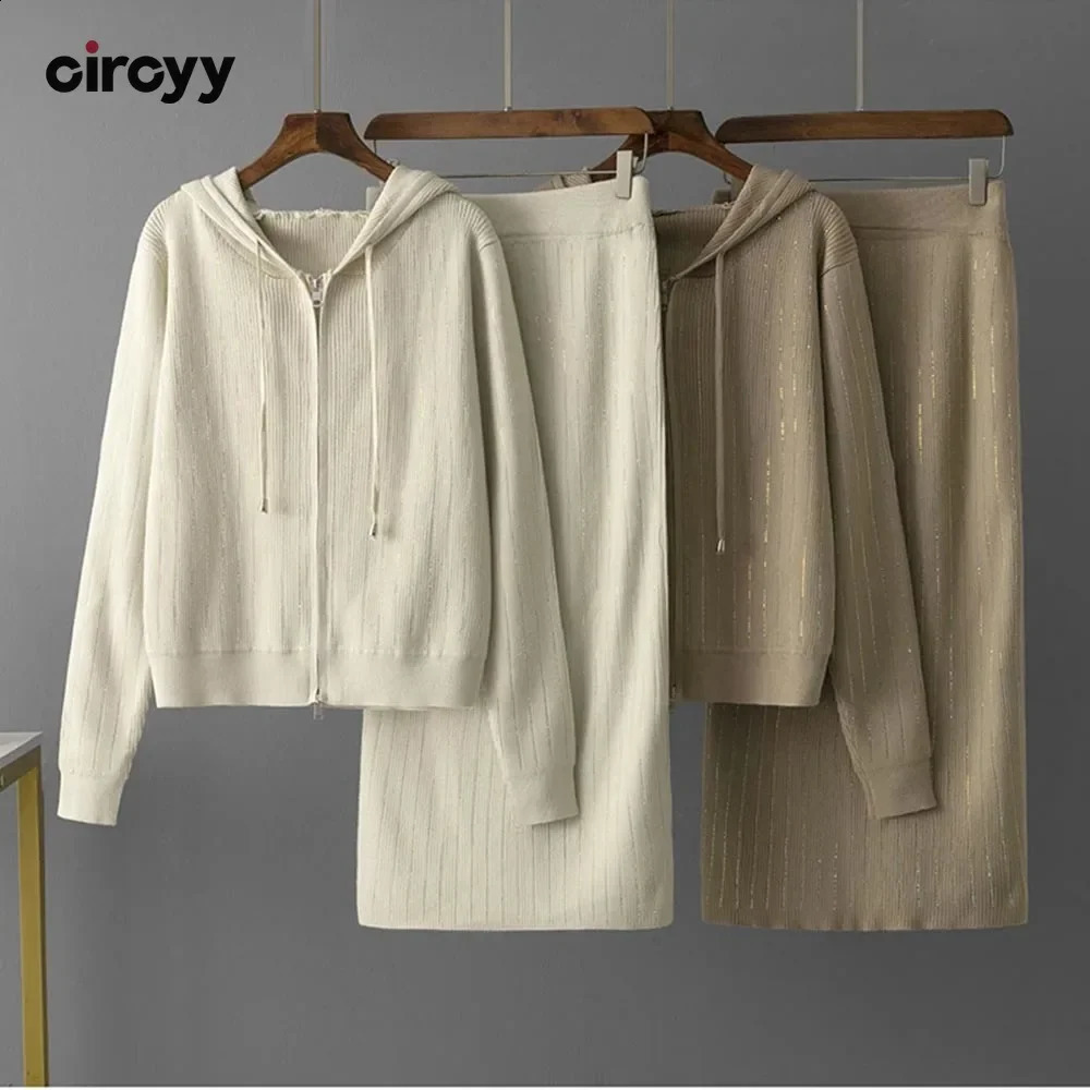 Circyy Knitted Hoodie Open Skiing Set Zipper Sweater Autumn Winter Loose Casual Warm Two Piece Womens Set 240907