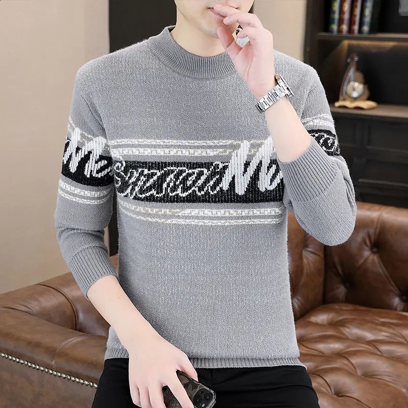 Contrast Color Screw Thread Knitted Letter Pullover Long Sleeve Sweater Mens Clothing Autumn Winter Half High Collar Tops 240912