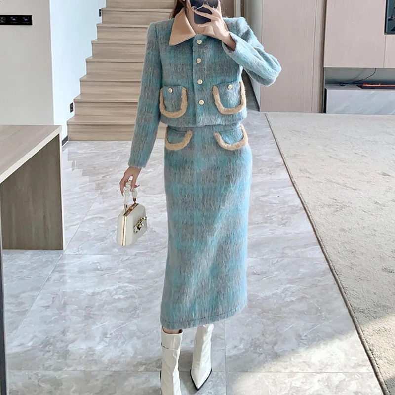 Autumn and winter womens small perfume two-piece suit lapel jacket crop coat and pencil leather street wool suit 240907