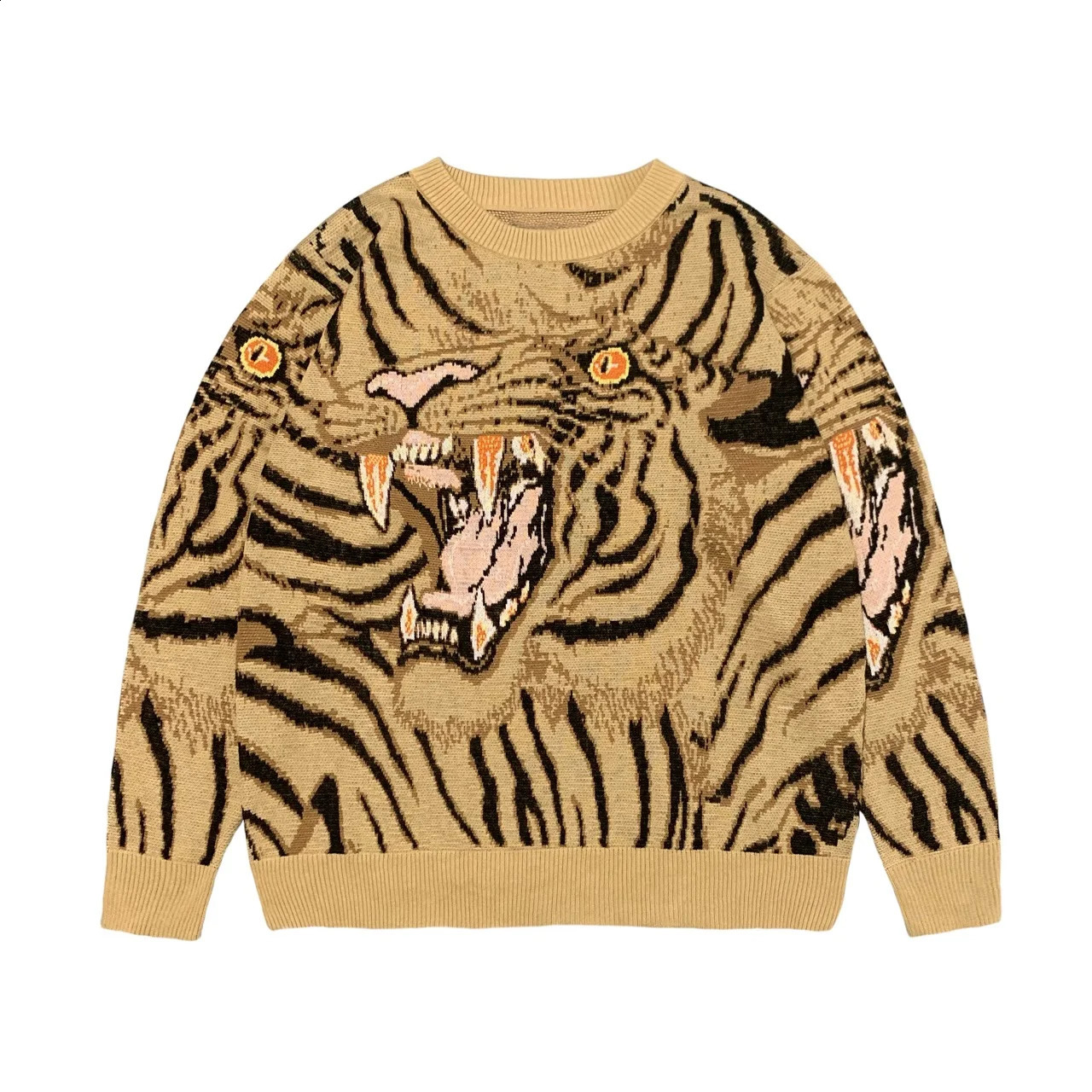 Retro Jacquard Tiger Totem Knitted Sweater Round Neck Printed Loose Pull Top Knitted Sweater 240907