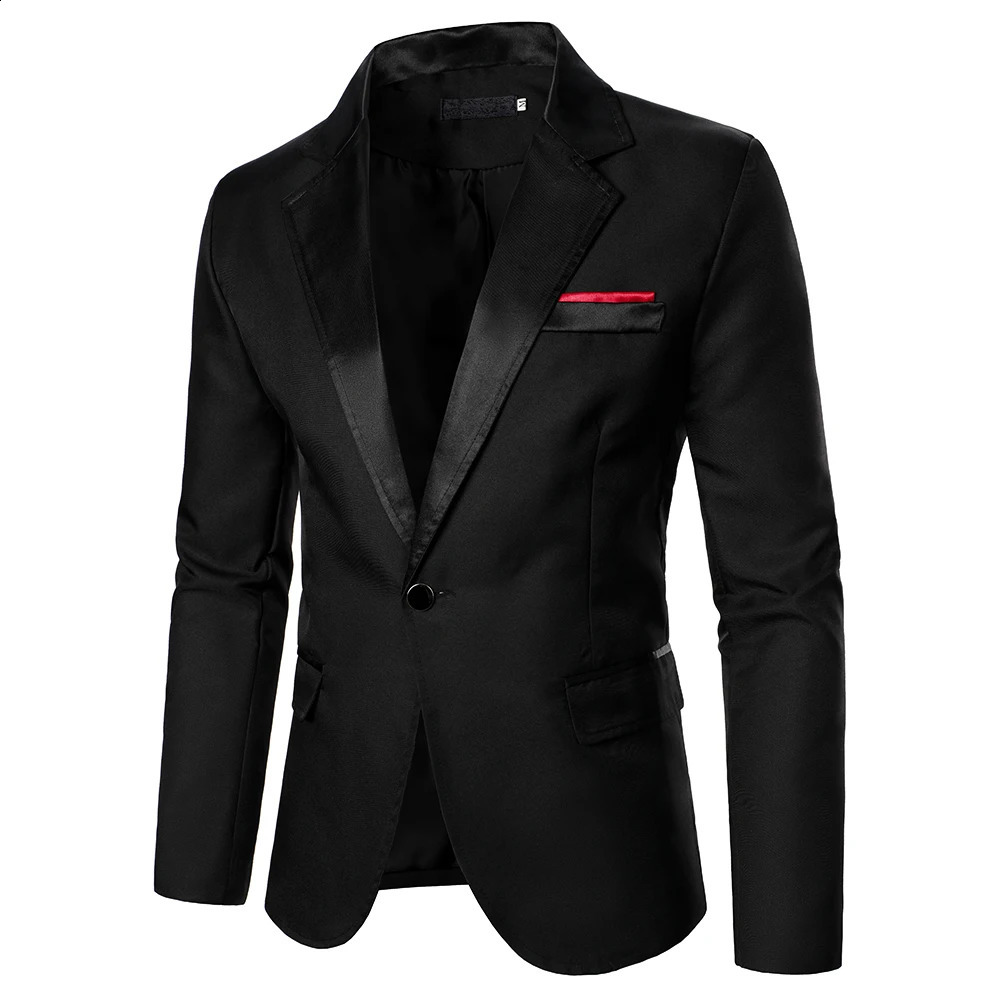 Mens jacket decoration chest pocket contrasting satin collar shoulder formal daily wedding mens long sleeved single button 240902