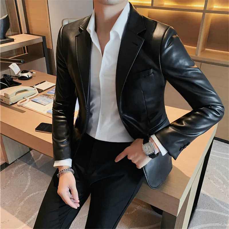 Autumn and winter mens leather jacket fashionable ultra-thin solid color lapel leather jacket mens business casual PU jacket W240912