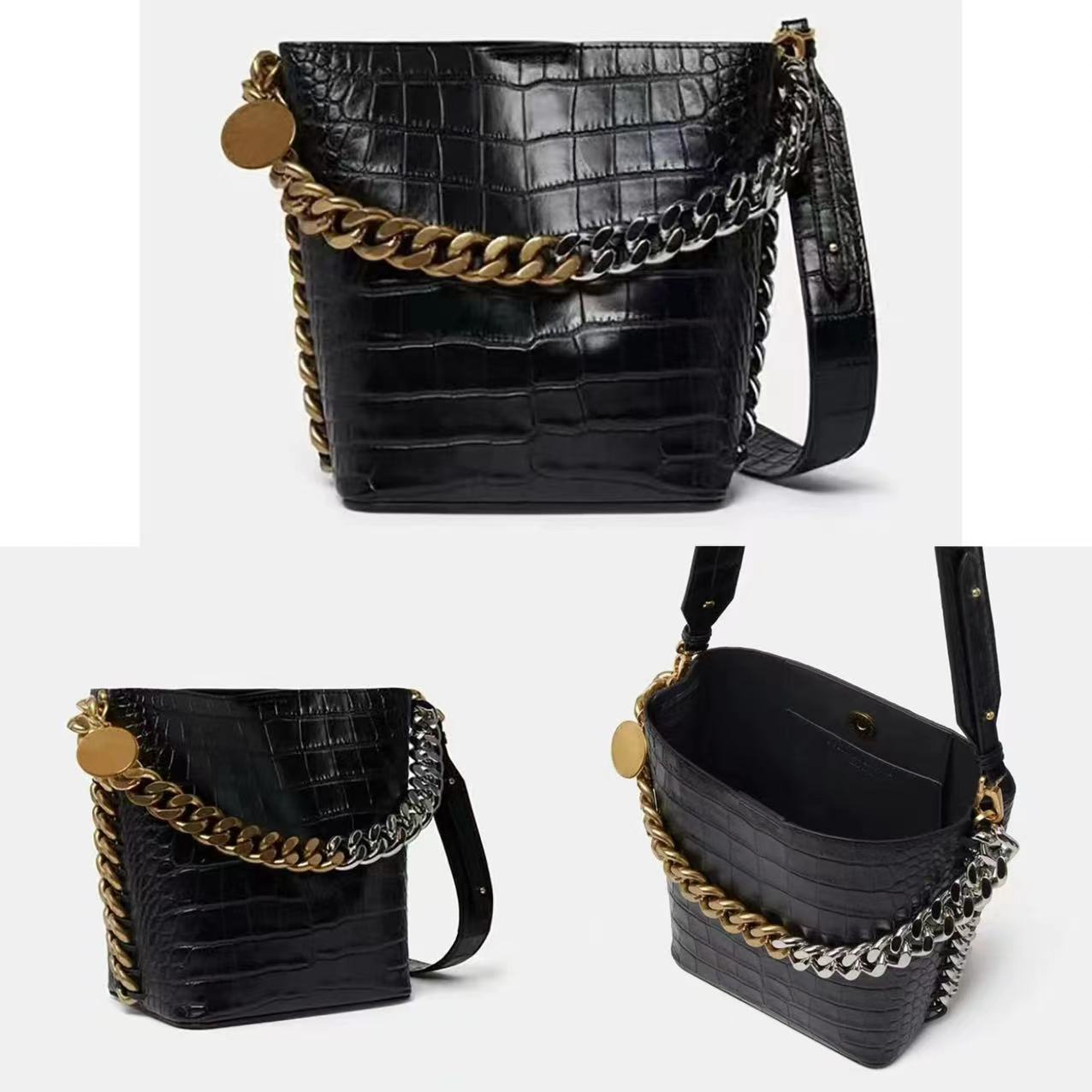Designer Sacs de seaux en relief Sac à bandoulière Vegan Vegan Vegan Croise-corps Femme Bodet noir Luxury Frayme Croco Effect Shopping Chain Beau