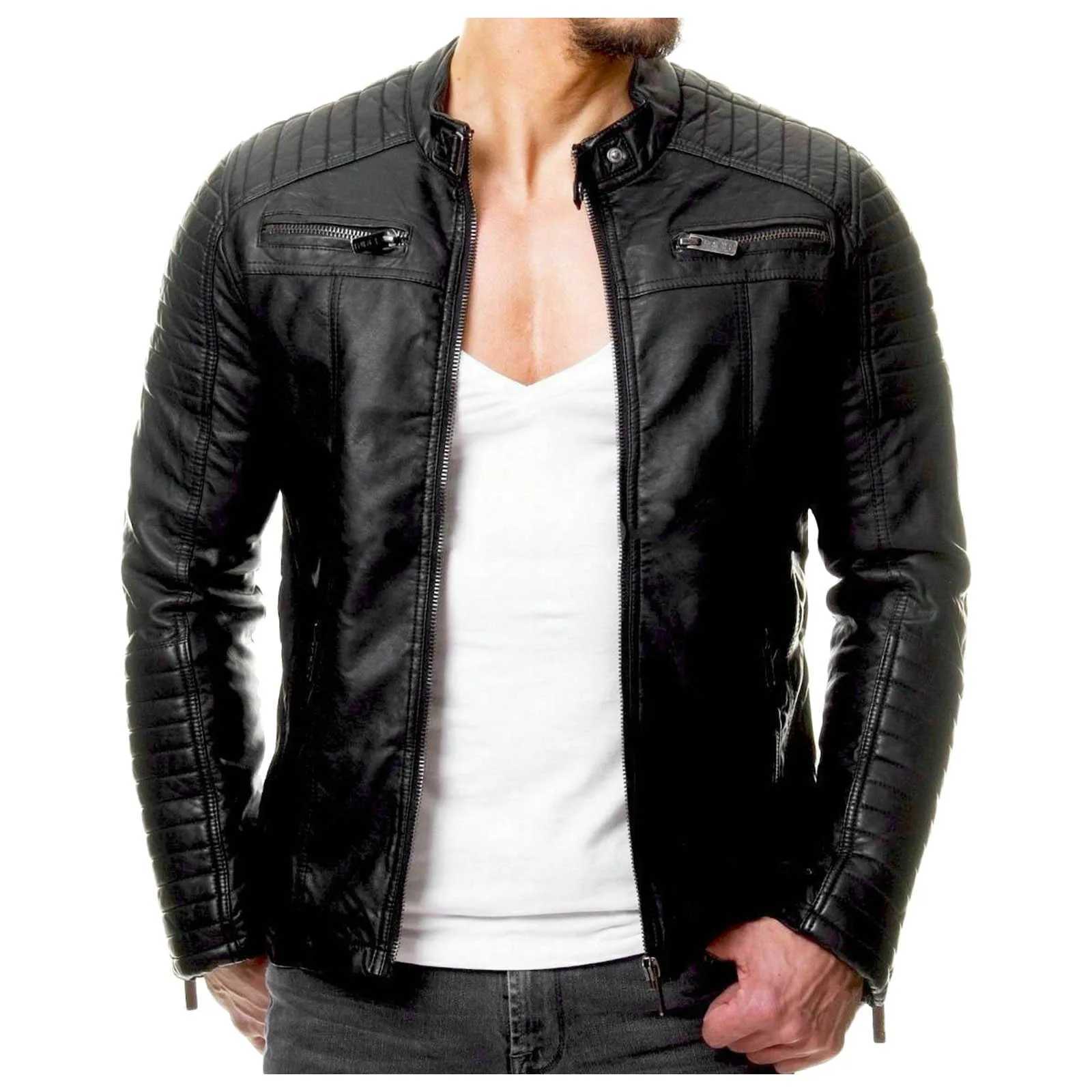 Mens fashion stand collar leather jacket mens casual windproof slim fit PU jacket mens motorcycle lapel diagonal zipper jacket W240912