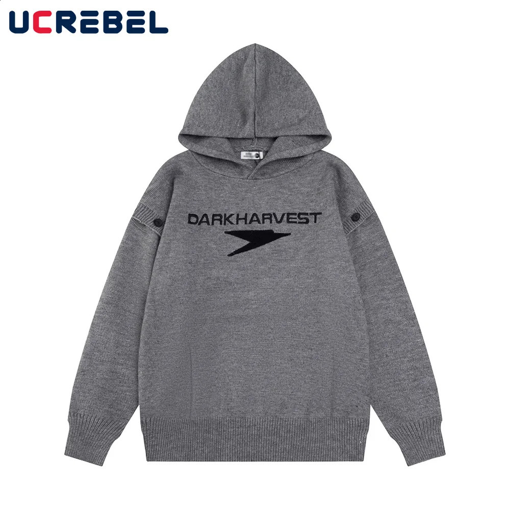 Letter Embroidery Sweater Mens Spliced Button Decoration Autumn High Street Loose Long Sleeve Knitted Hoodies Men 240910