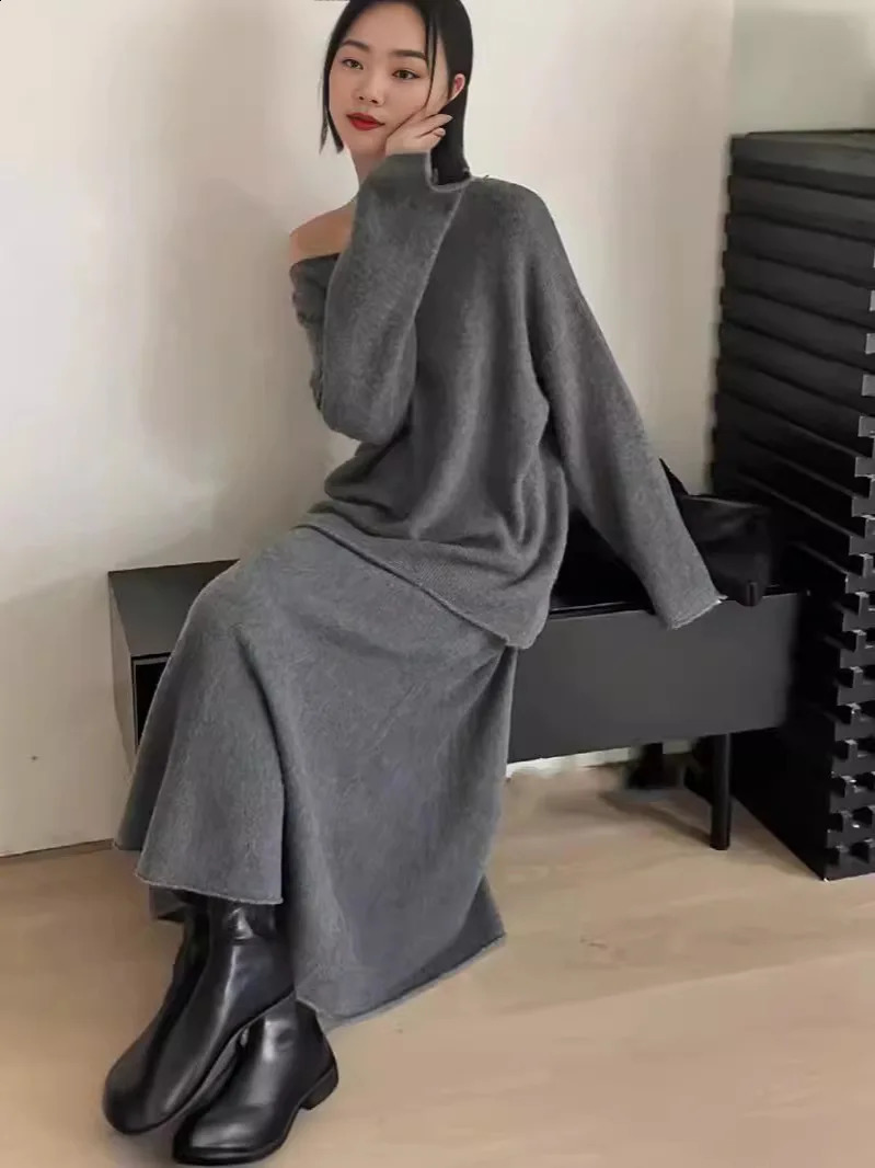 Autumn Winter Purple Knitted Parachute Long Sleeve Sweater Top Two Piece Set Womens Matching Set 240907