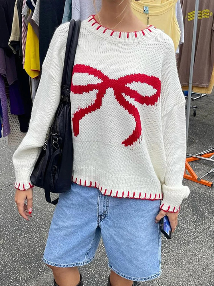 Autumn bow printed knitted womens sweater casual O-neck long sleeved contrasting color womens latte fashionable womens clothing 240912