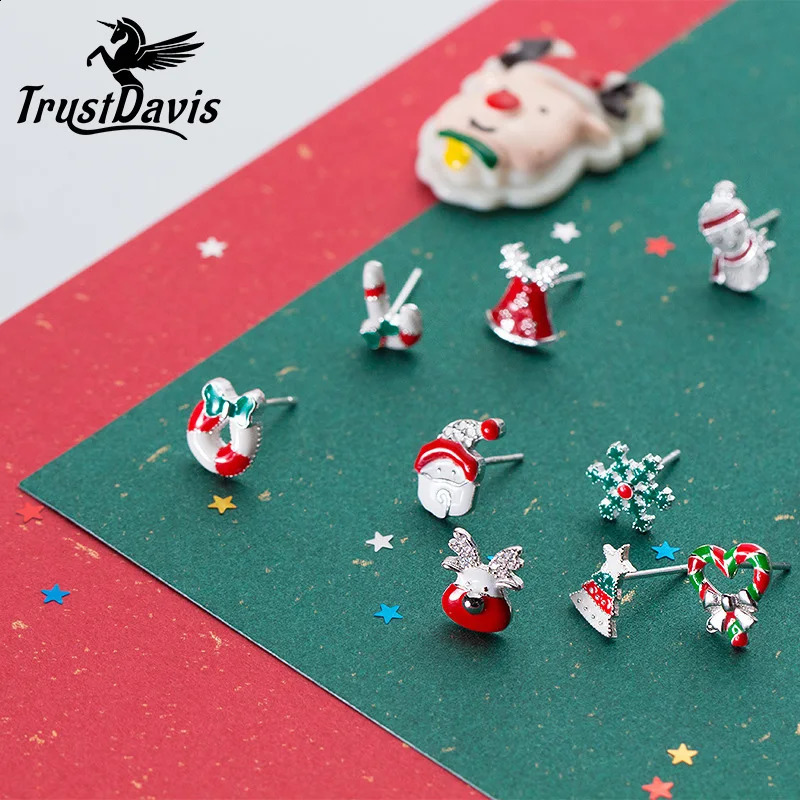 Trustdavis Real 925 sterling silver sweet candy Santa Claus cute snowman stud earrings women delicate S925 jewelry DA1998 240912