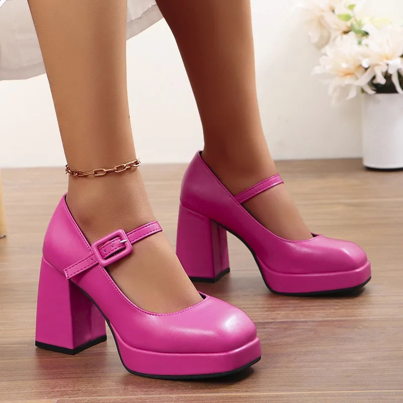 Spring Simple Solid Color PU Waterproof Shoes Outdoor Casual Comfortable Party Dress Womens High Heel a091