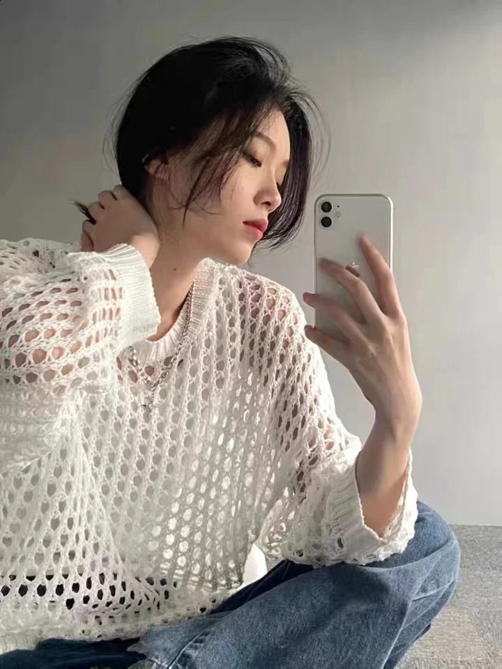 Harajuku femmes pulls Ropa Mujer Y2k vêtements mode évider tricot pull ample décontracté voir à travers pull hauts 240911