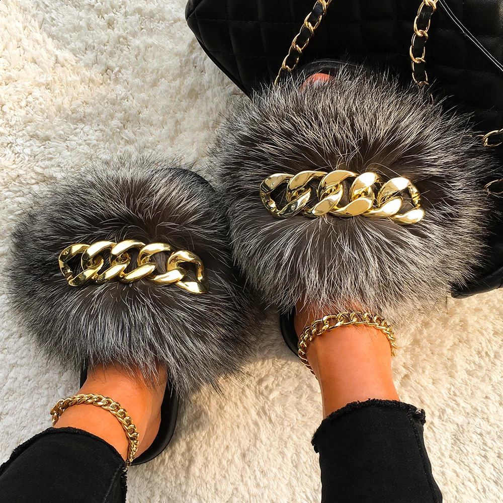 Real Fox Raccoon Fur Slippers Fashion Gold Chain Furry Fur Slides Women Fluffy Flip Flops Beach Plush Slippers Female Home Shoes 240910