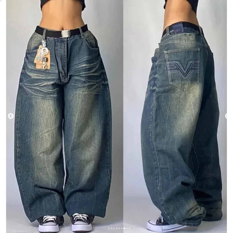Harajuku Hip Hop Black Wash Bag Jeans for Women Y2K Punk Gothic Skateboarding Wide Leg Pants Unisex Streetwear 240913