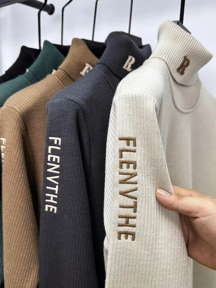 trend R letter embroidered sweater men autumn winter plush thick casual Korean version warm high neck knitted pullover 240912CJ