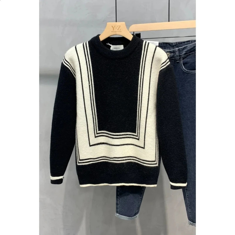 Winter Thick Jacquard Splicing Round Neck Sweater for Mens Trendy Youth Casual Fashion All-matchWarm Knitted Bottom Mens Tops 240912CJ