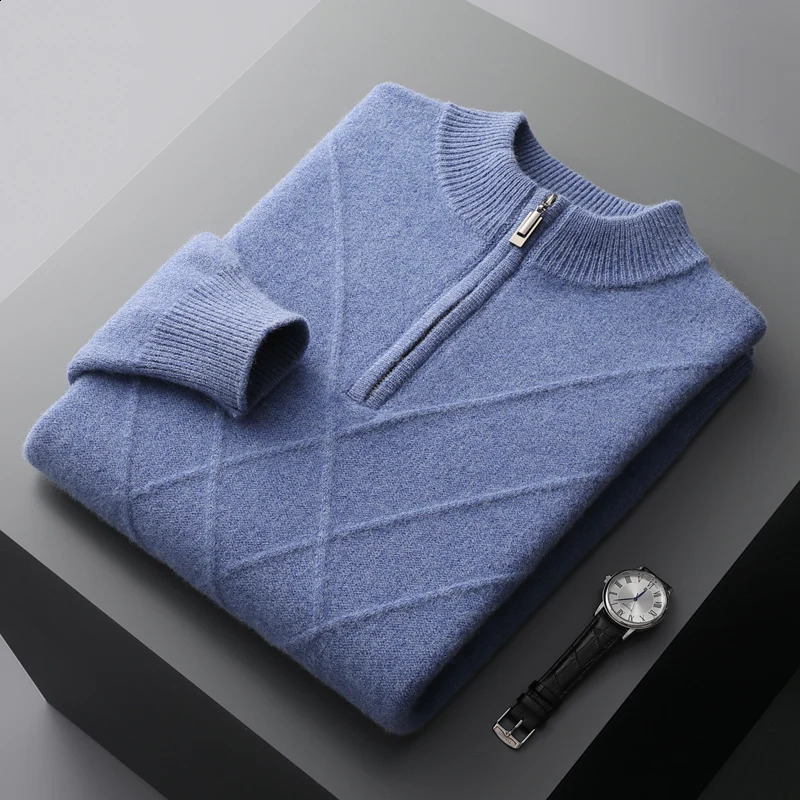 Autumn and Winter 100% Wool Cashmere Sweater Mens Knitted Half High Collar Pullover Clothing Thickened Casual Solid Color Top 240912