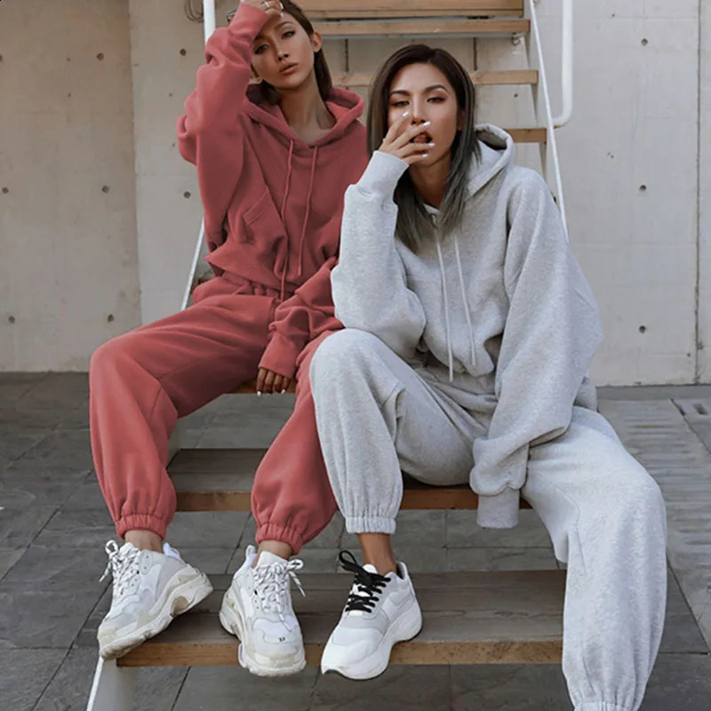 Womens warm hoodie hoodie and pants set two-piece sportswear set spring and winter wool set 240912