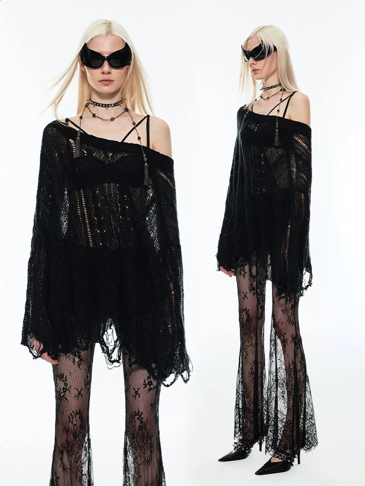 Gothic Hollow Out Y2k Knit Sweater Women Sexy Harajuku Streetwear Long Sleeve Thin Spring Summer Coat Smock Sun Protection Tops 240911