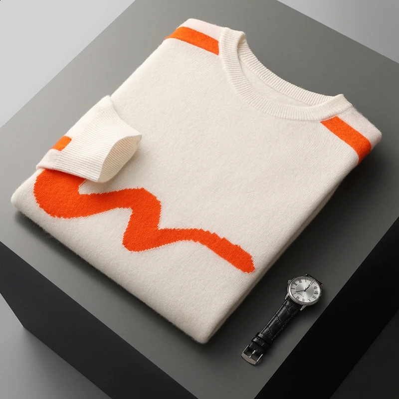 Pull Hiver Hiver Automne 100% Laine Round Cou Top décontracté en tricot de couleur contraste Pullor à manches longues Pull à bascule 240912CJ