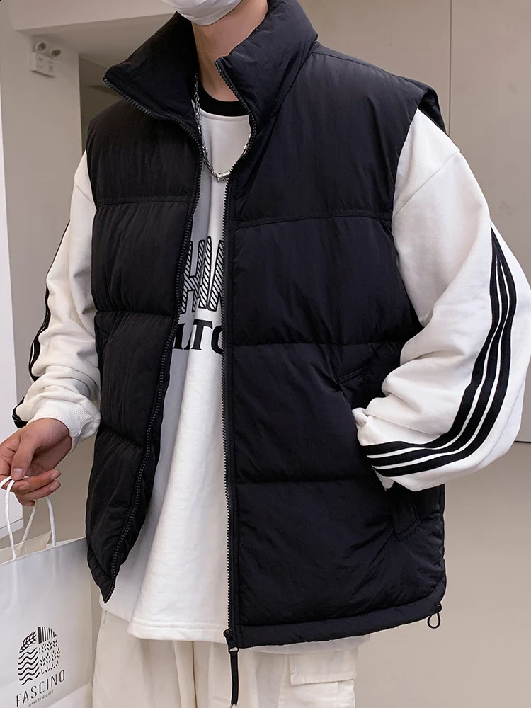 Winter Korean mens vest stand up collar zipper pocket silk like cotton pad sleeveless vest thick jacket gold-plated jacket 240912