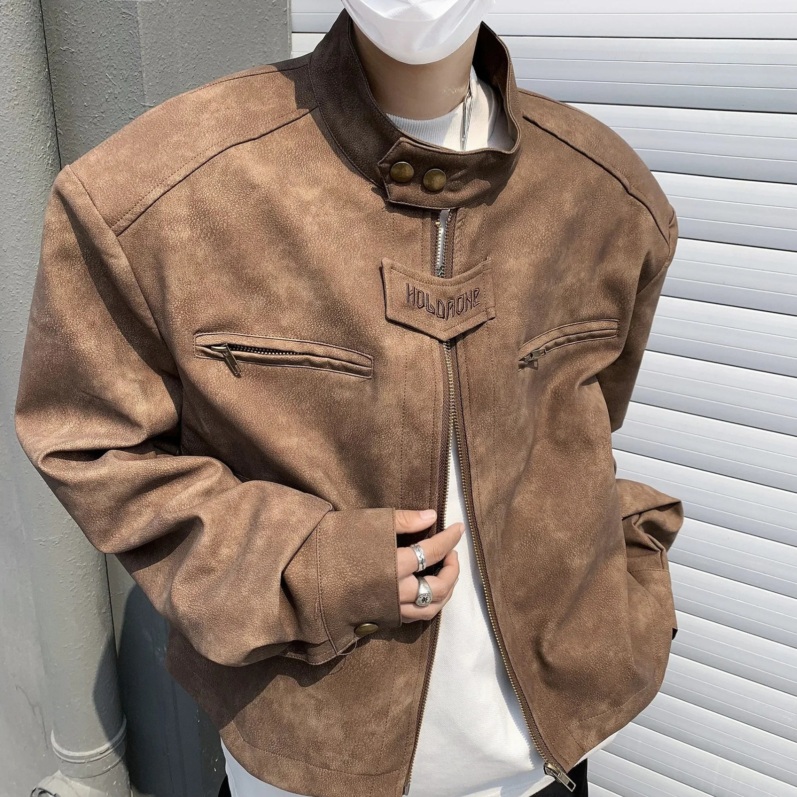 Feelniche High end Cropped For Men Casual Vintage Motorcycle Leather Jacket Brown Coffee Colorbomber Style 240911 d2