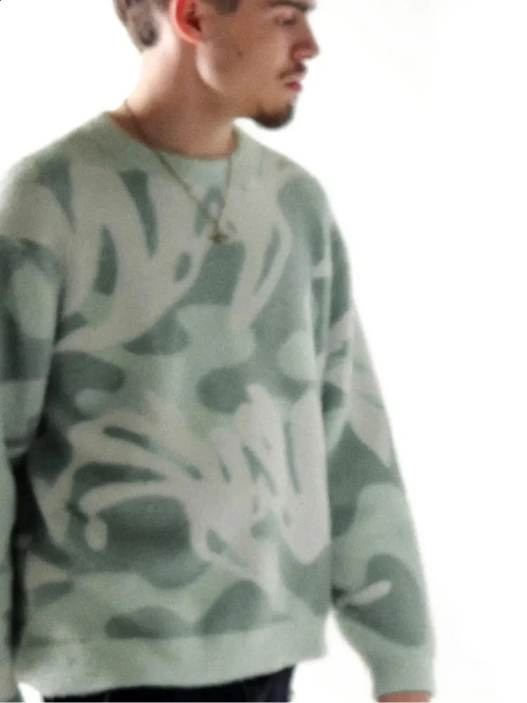 Men and Womens Retro American Harajuku Sweater Light Green Loose and Versatile Knitted Hip Hop Y2kStreet Fashion 240912