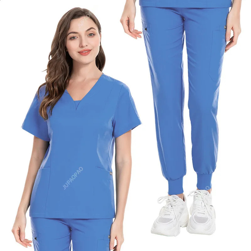High Quality Wholesale Operating Room Uniform Set Short Sleeve Nurse Nursing Accessories Tops Pants Elastic Scrubs Suit 240911