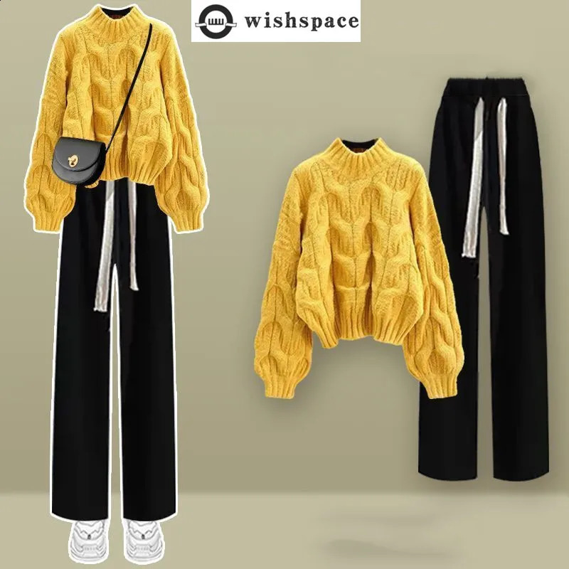 Autumn and Winter Womens Set Korean style Splicing Knitted Sweater Weight Loss and Wide Leg Pants Two Piece Set 240912