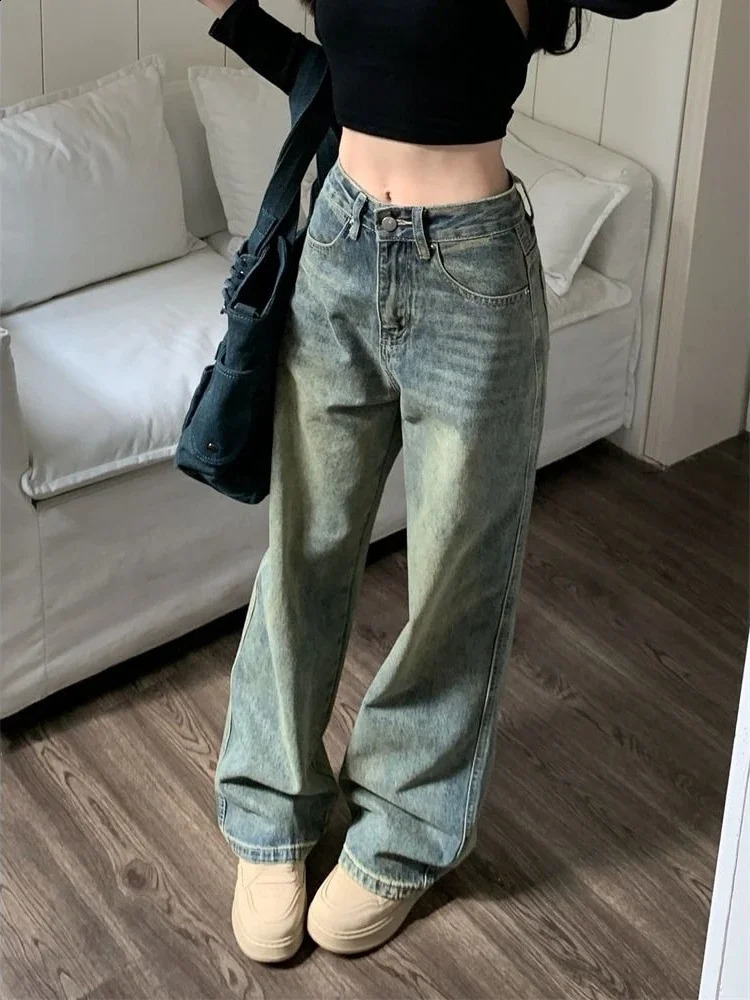 Deeptown Y2k Bagged Wide Leg Jeans Womens Retro Street Clothing Laundry Denim Pants Grunge Basic Slow Blue Trouser Womens Spring 240913