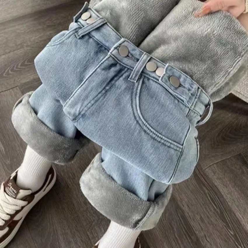 Plush jeans velvet thick high waist wide leg womens jeans winter loose fit slim pants 240913