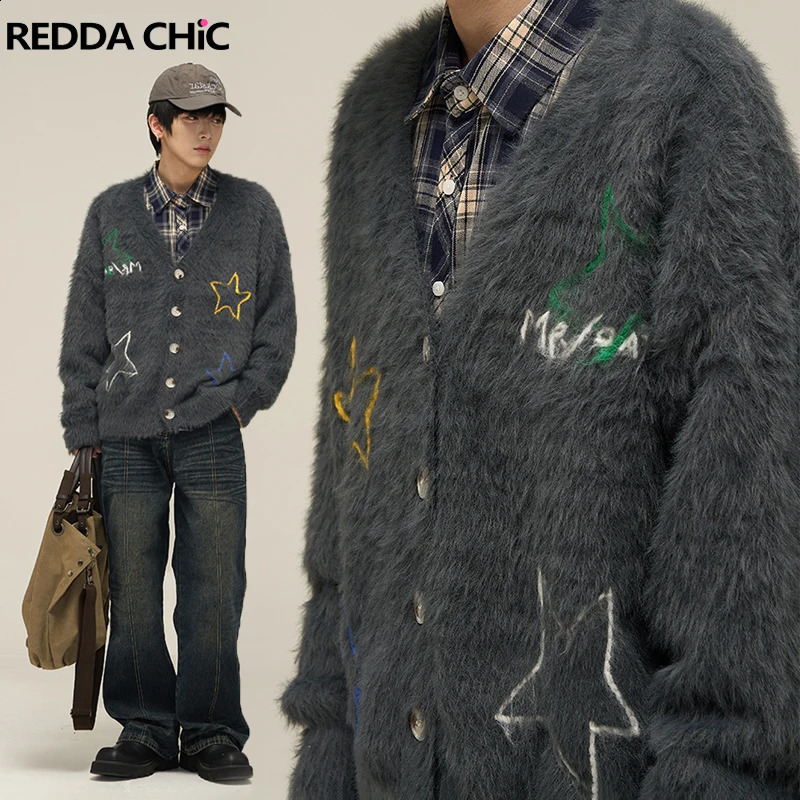 REDDACHIC Star Embroidered Cardigan Men Y2k Retro Gray V-Neck Casual Knitwear Mohair Sweater Jacket Winter Coat Acubi Fashion 240913
