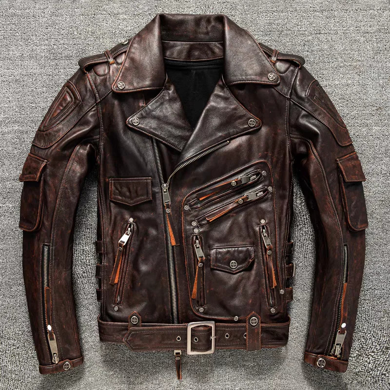 Copersian Mens Natural Motorcycle Jacket Top Layer Causal Vintage Retro Moto Suit Leather Coat Drop 240911 03