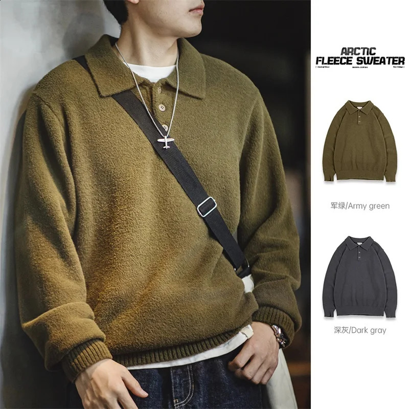 Maden Vintage Arctic Feece Polo Sweater Autumn Winter Green Warm Knit Pullover Mens Solid Color Heavyweight Jumper 240912