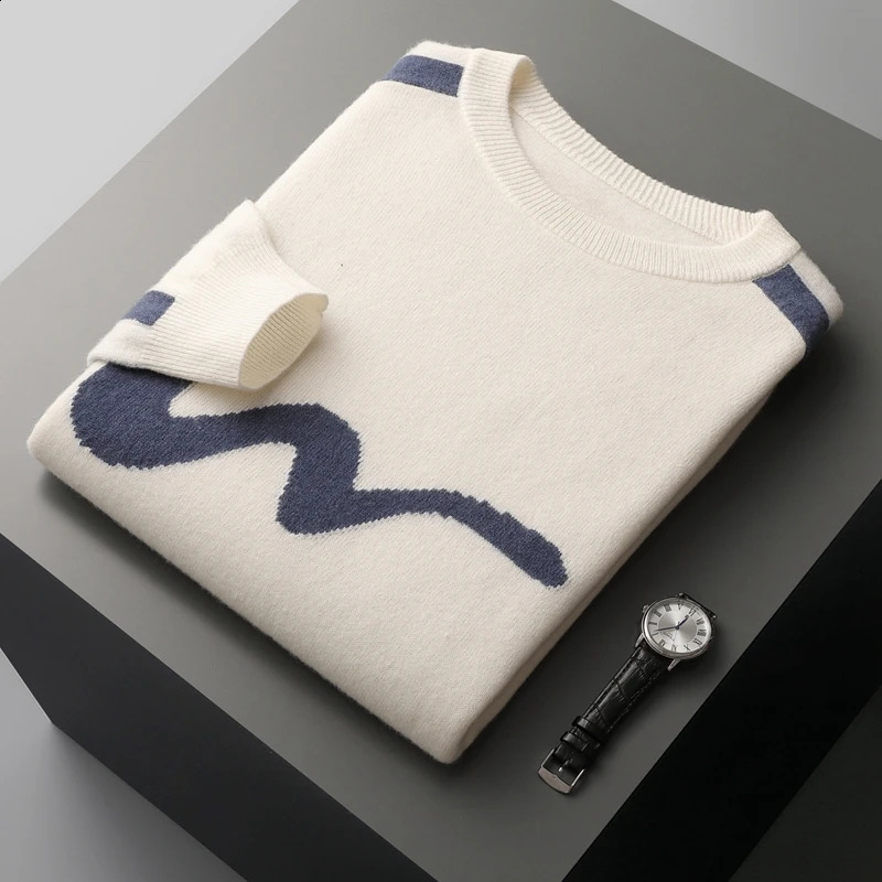 Autumn Winter Mens Sweater 100% Wool Round Neck Top Casual Knitted Contrasting Color Pullover Long Sleeved Base Sweater 240912