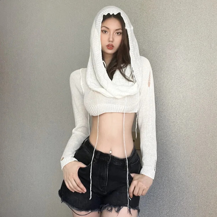 Fashion All-match Hoodie Knitted Tops Women Summer Long Sleeve T-shirts Y2k E-Girl Sexy Crop Top Slim Fit Tee Shirt 240911