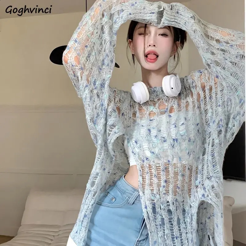Pullovers Women Baggy Side-slit Casual Hollow Out Sun-proof Streeetwear Fashion Chic Harajuku All-match Korean Style Knitting 240911