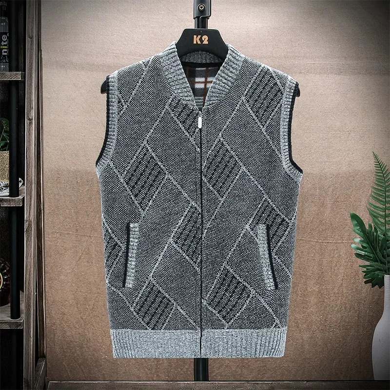 Mens wool sweater vest autumn wool warm casual zipper cashmere sleeveless solid sweater knitted vest mens dress 240912