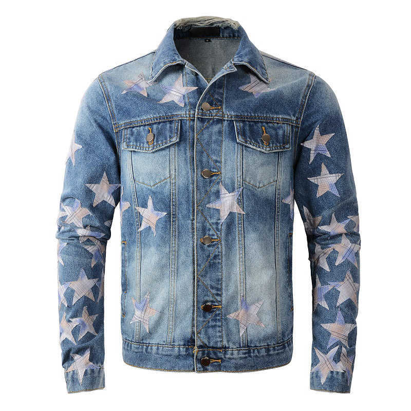 Mens Jackets High Street Star Patch Slim-fit Denim Jacket Punk Biker Jacket Men #451 T240913