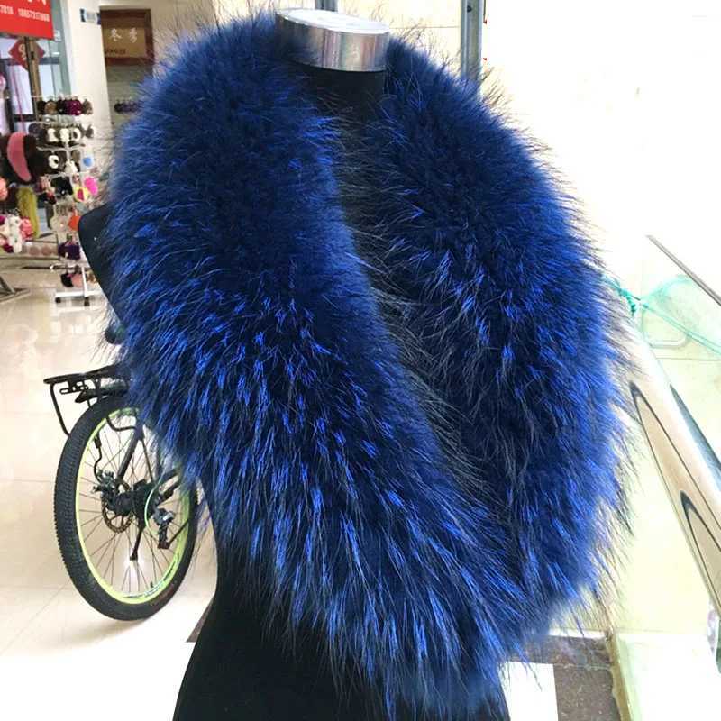 Shawls 2020 Real Raccoon Fur Collar Warm Womens Winter Blue Natural Fur Scarf Fashion Neck Warm Women J240909
