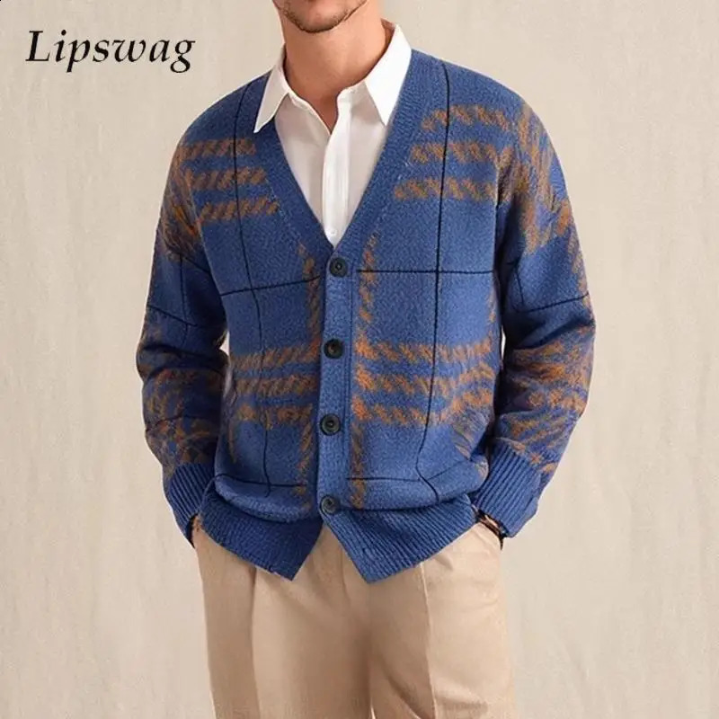 Cardigans de pull décontracté d'automne pour hommes vintage V cou bouton à manches longues veste en tricot masculin à la mode mince tricot 240913