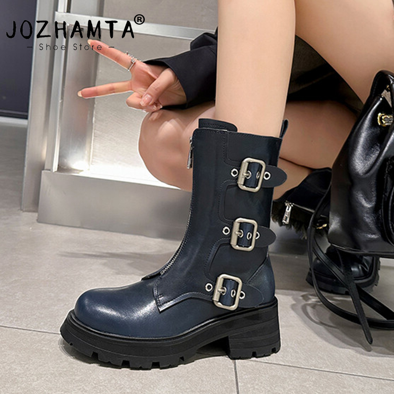 JOZHAMTA Size 34-40 Metal Buckle Women Mid-Calf Real Leather Thick Heels Casual Shoes Woman Autumn Winter Motorcycle Boots