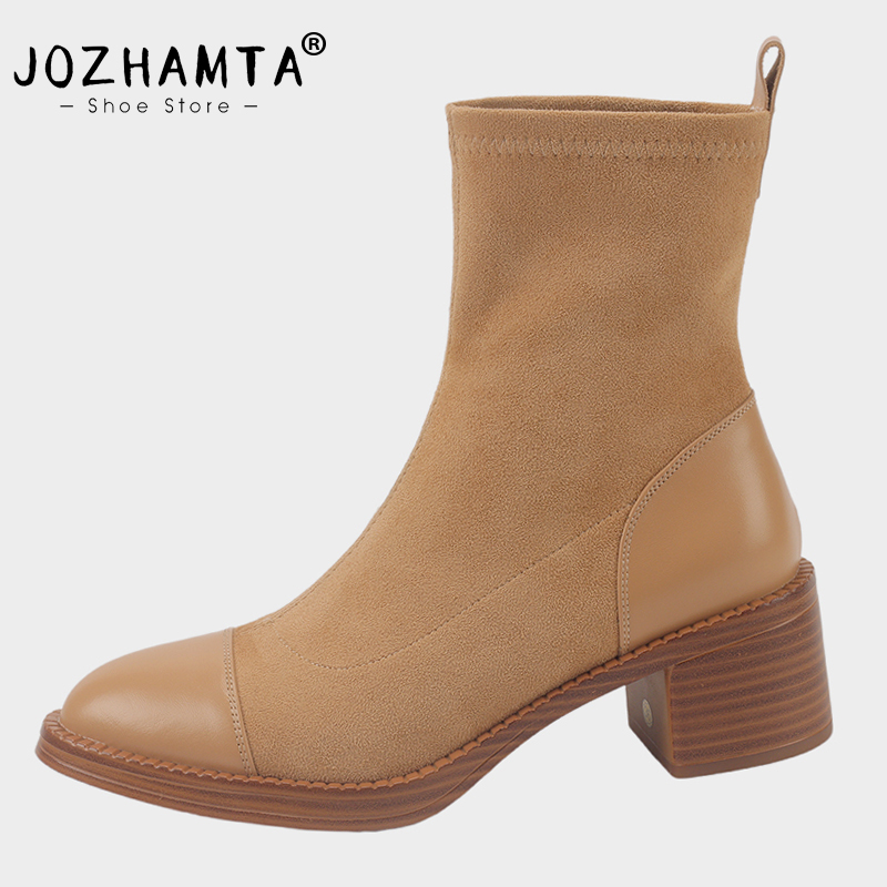 JOZHAMTA Size 34-40 Elastic Real Leather Thick Heels Shoes For Women Winter Fashion Ankle Boots Casual Business Boot