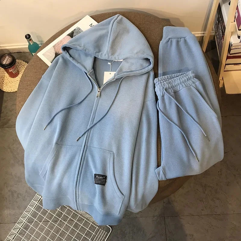 Womens oversized loose sports casual two-piece sports shirt hooded set autumn zipper top straight Trouser 2-piece set 240912